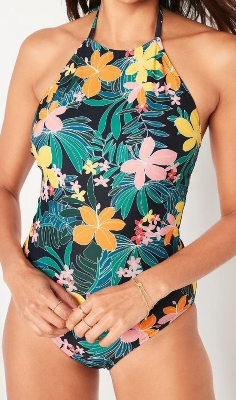 Old Navy Medium Resort Beachy Tropical High Neck Halter One Piece Swim Suit